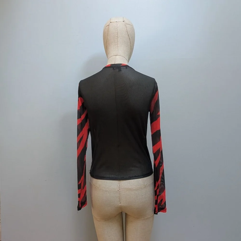 Dolls Kill Hot Stuff Casper Black Red Mesh Trusty Trident Long Sleeve Tee - Med